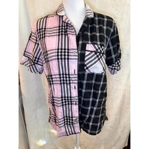 Victoria's Secret Cotton Short Sleeve Top Plaid PJ Pink Black Size S